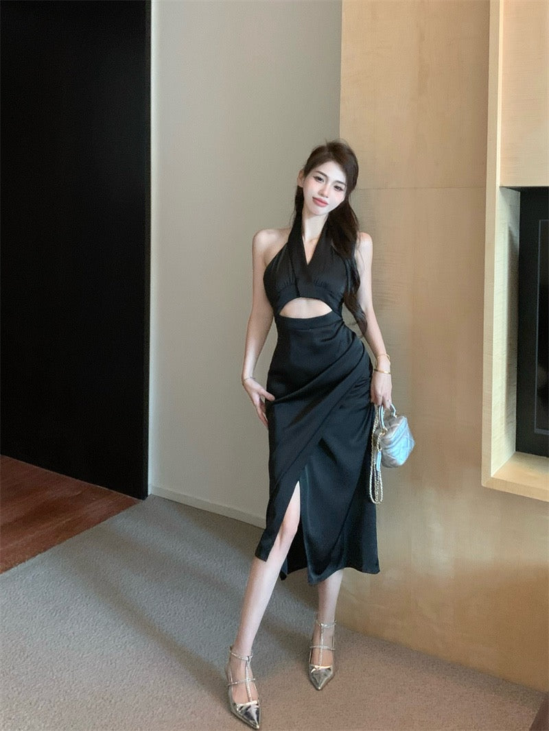 French satin halter neck strap dress women's summer temperament celebr –  Lee Nhi Boutique