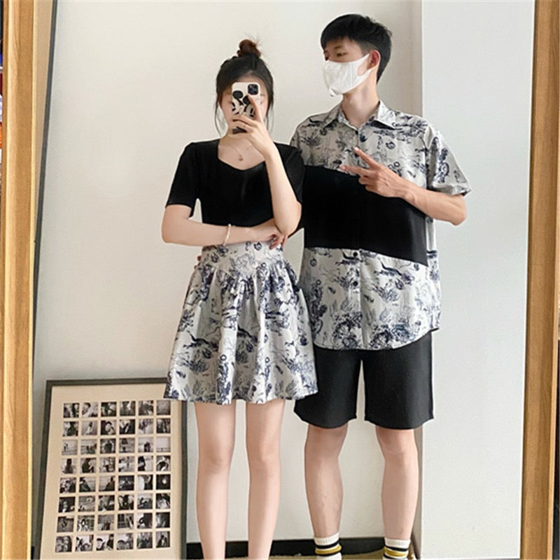 French lovers' summer dress niche design national style improved version fake two pieces floral dress women's short-sleeved shirt