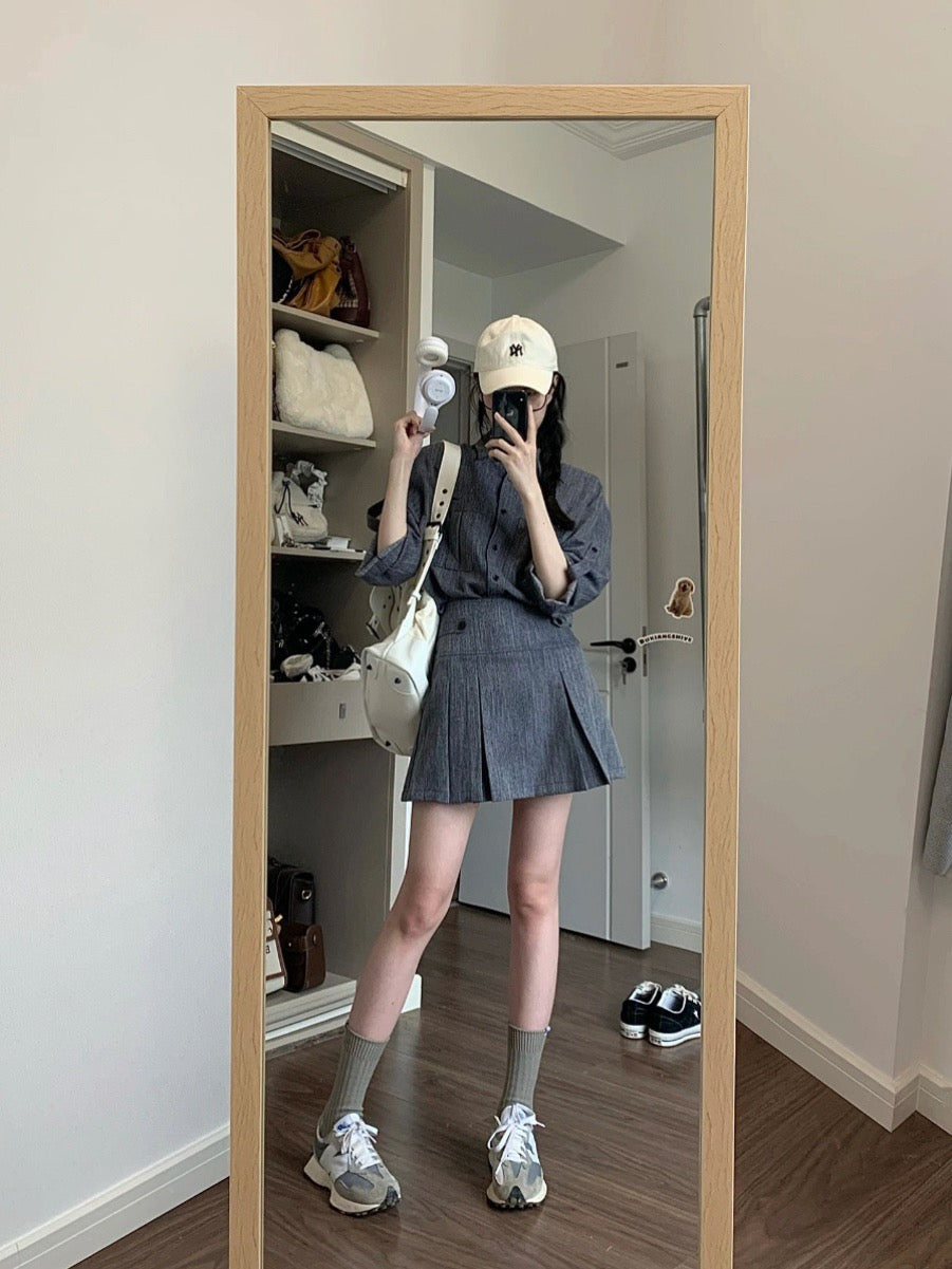 Retro denim jacket pleated skirt two-piece set women's summer net red fried street wear suit small person looks thin