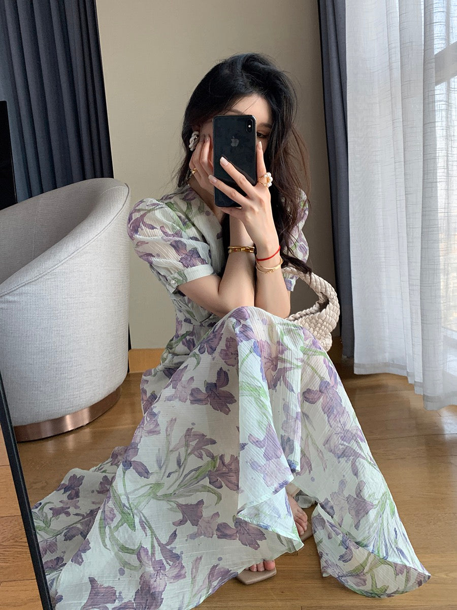 FT GUOGE floral dress female 2023 summer new French tea break seaside vacation V-neck tencel long skirt