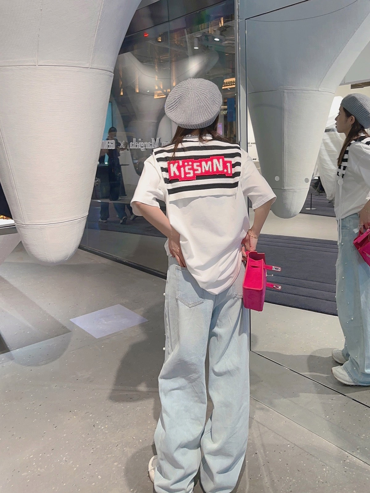 Thebestxue Korean version of the college wind fake two-piece striped love knitted shawl stitching white short-sleeved T-shirt women