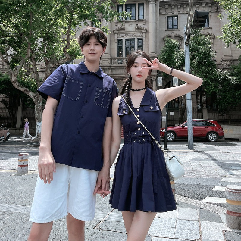 High-end couple wear summer new short-sleeved shirt suit women's French pleated waist dress one skirt and one suit