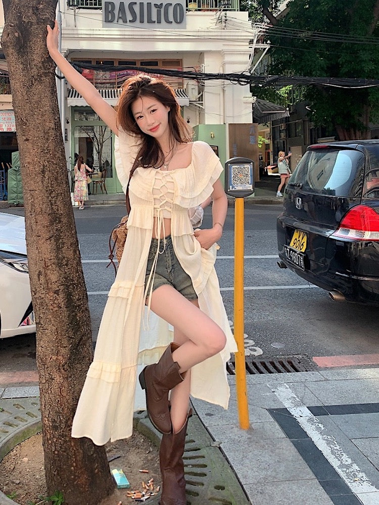Holiday style sunscreen tie square collar one shoulder dress women's summer design sense splicing loose long skirt
