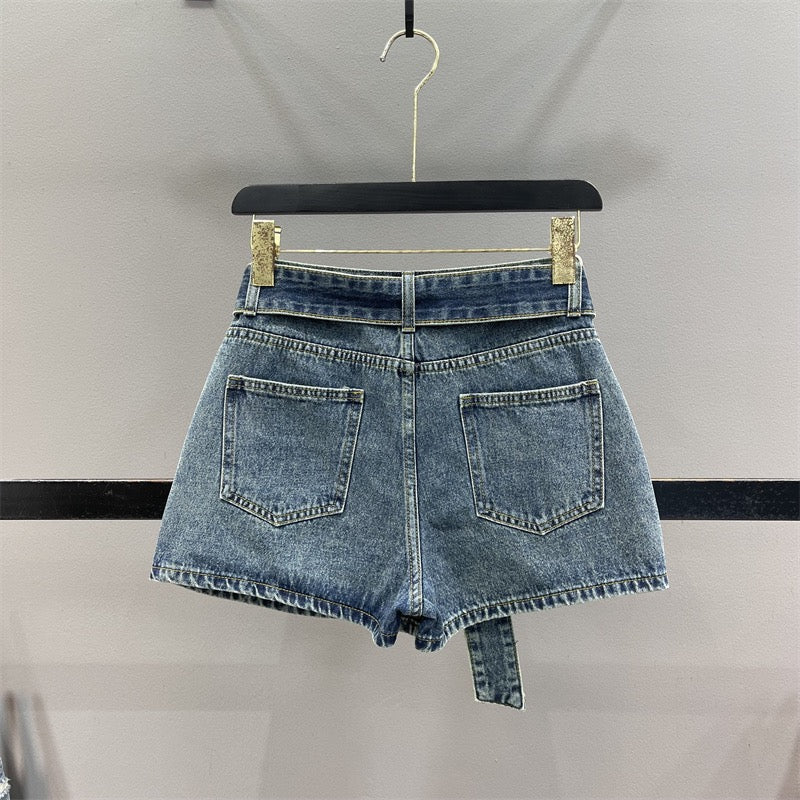 2023 Summer New Irregular Retro Denim Skirt Women's Fake Two-Piece Hakama Slim A-Line Wide-leg Shorts