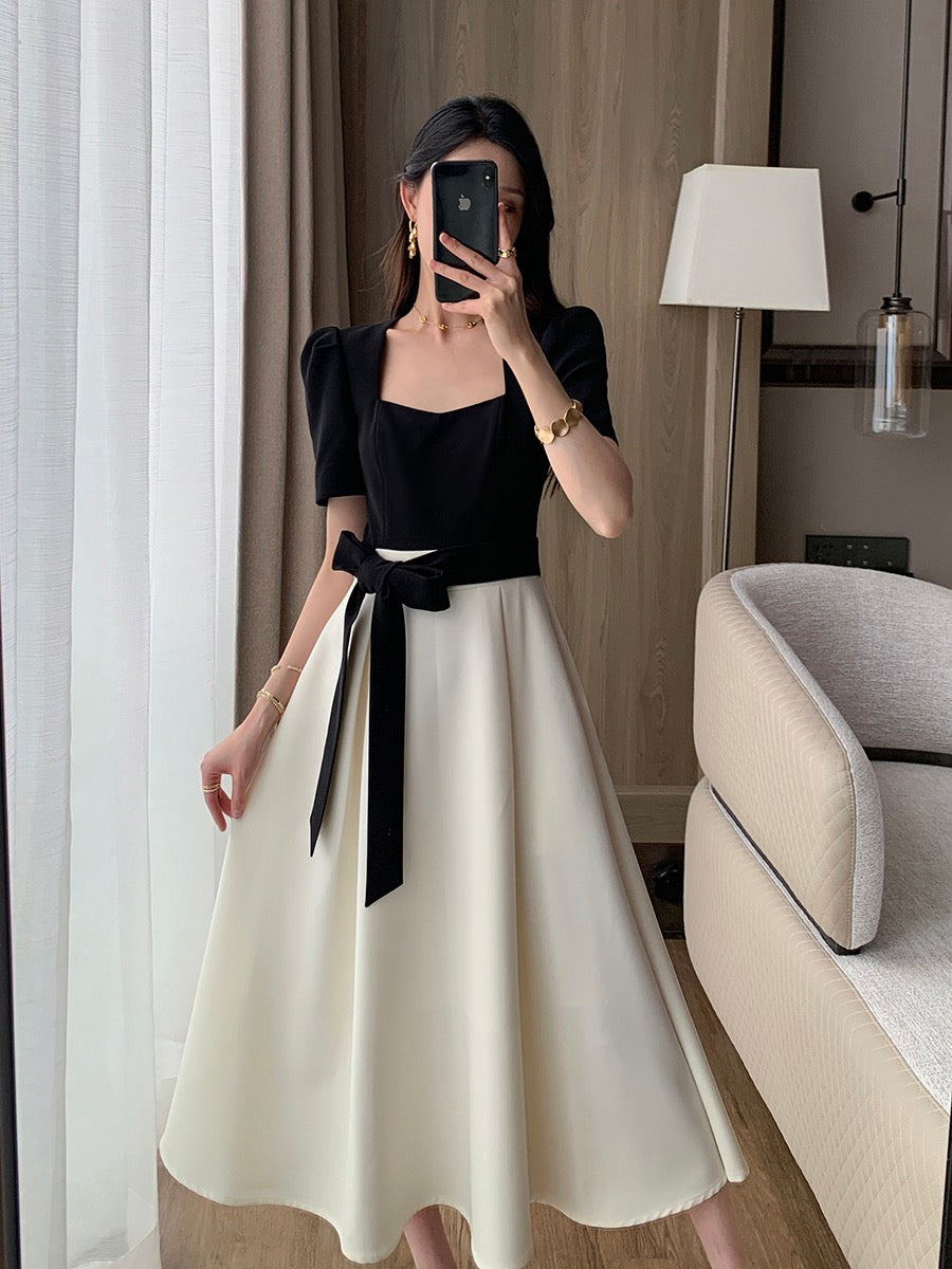 FT GUOGE square collar dress women's 2023 summer new high-end French slim temperament splicing fake two-piece long skirt