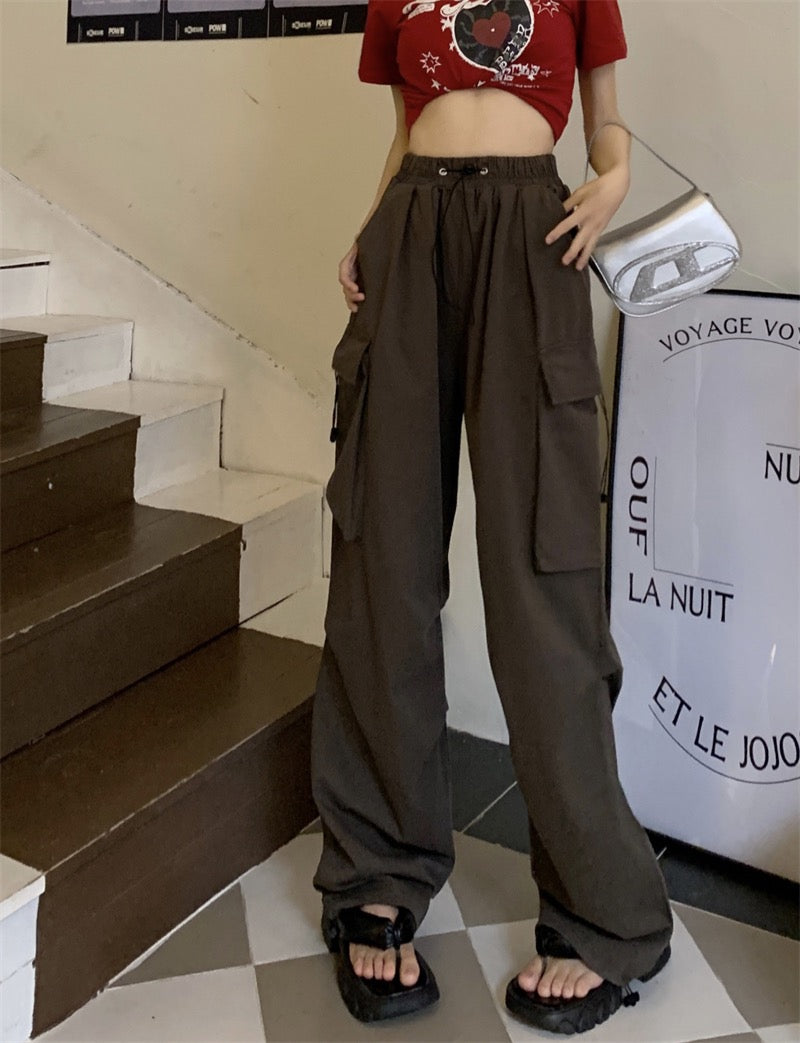 American retro drawstring tooling casual pants women's summer high street loose all-match straight wide-leg pants mopping trousers