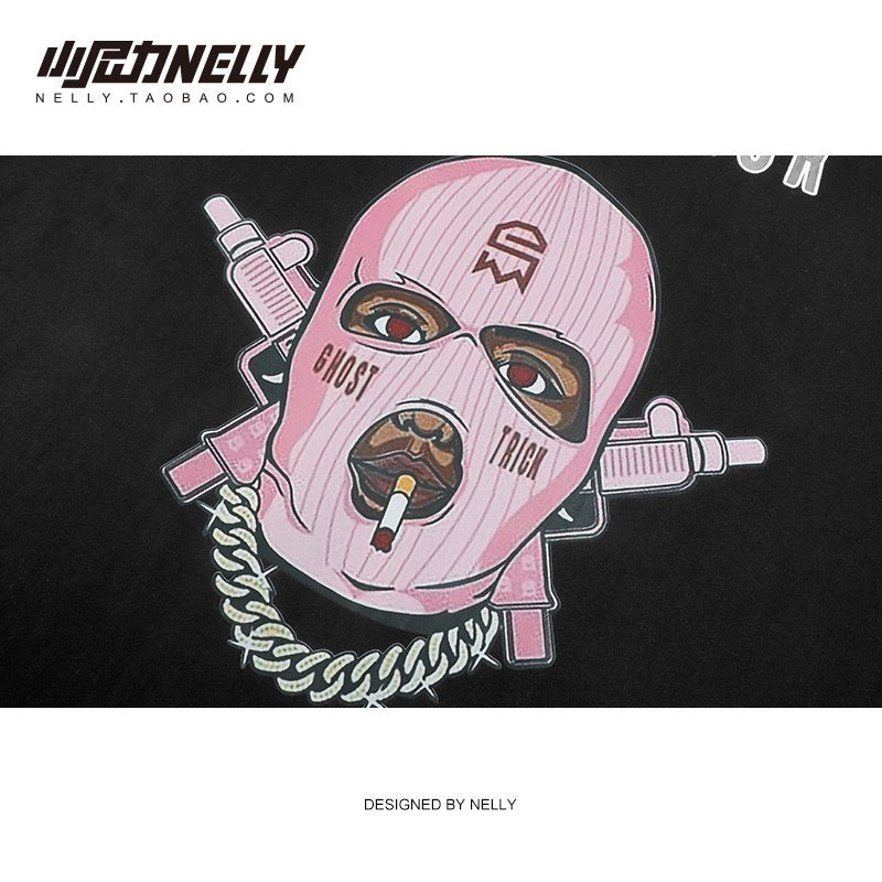 Ins European and American fashion masked people printed short-sleeved T-shirt men and women oversize loose high street hip-hop fried street half-sleeves