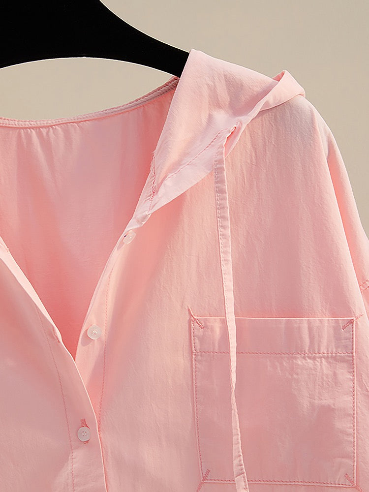 Pink hooded cotton shirt thin coat female 2023 spring and summer new single pocket casual sun protection clothing cardigan shirt
