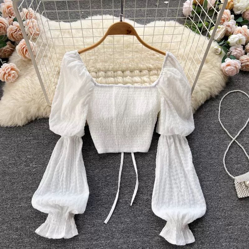 French design sense niche square collar white shirt jacket autumn women's tie puff sleeve shirt western style beautiful small shirt