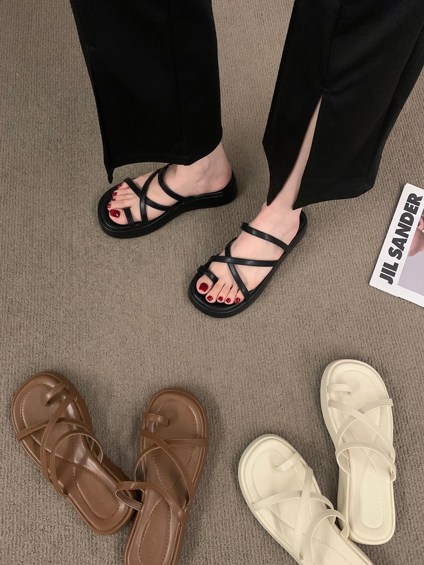 Thick-soled strappy toe slippers women's shoes summer casual evening shoes sandals 2023 new holiday sandals