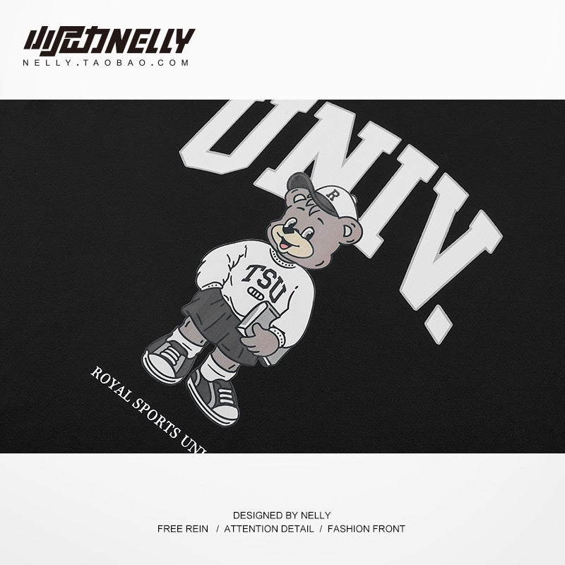 Cartoon bear short-sleeved men's summer high street Korean version of the trendy t-shirt design sense niche all-match tide brand men's tops