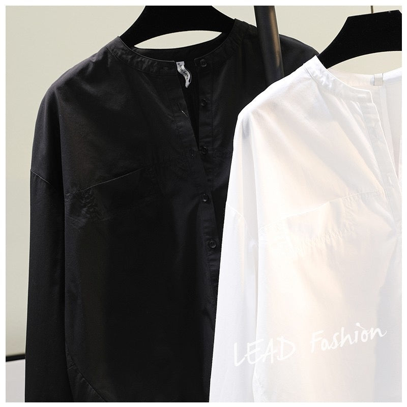 Round neck white long-sleeved shirt women 2023 spring new quality loose casual shirt roll sleeve top cardigan tide