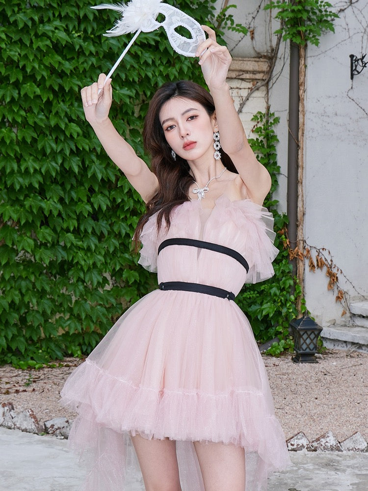 DOLLYTANG Duojia sweet and cool mesh tutu skirt design sense short front and long back long dress birthday skirt small dress