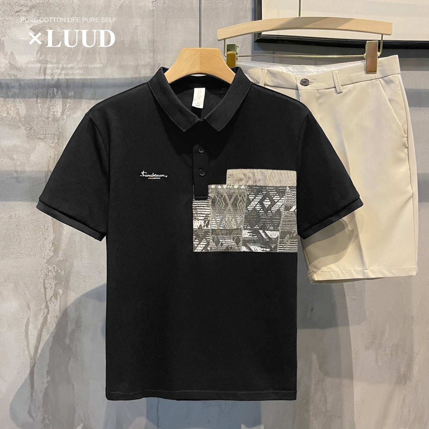 LUUD men's trendy brand personality patch lapel short-sleeved men's summer new product ruffian handsome retro POLO shirt T-shirt top