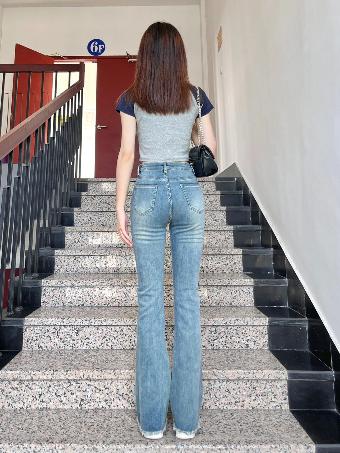 Millennium Spice Girls vibe high waist raw edge flared jeans American ins design sense slim fit slightly flared pants
