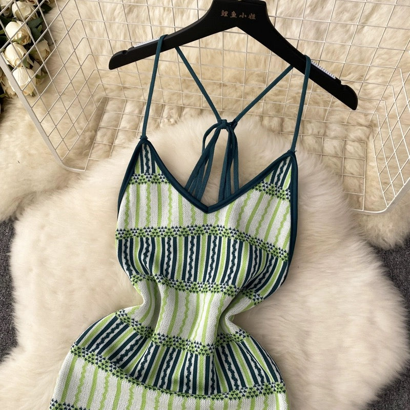 Sexy Babes Short Skirt Summer Thin Section Pure Desire Slim Body Bag Hip French Halting Neck Backless Knitted Dress Female