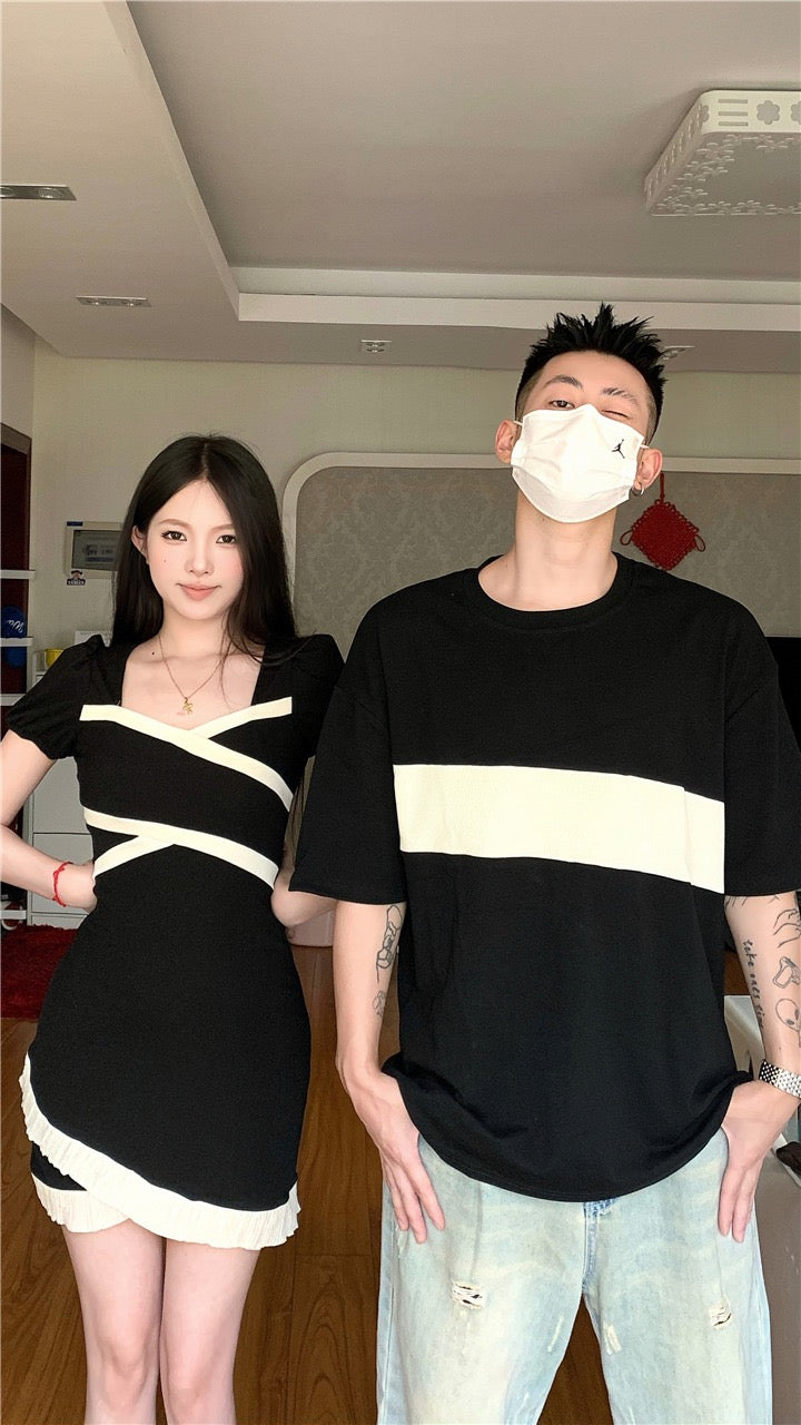 Niche design sense couple outfit summer 2023 Korean version short-sleeved T-shirt female dress French one skirt one clothes ins tide