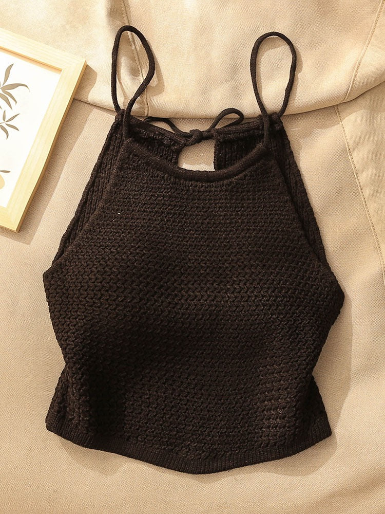 French chic knitted camisole women's summer inner wear sexy backless hollow strap short top outer wear