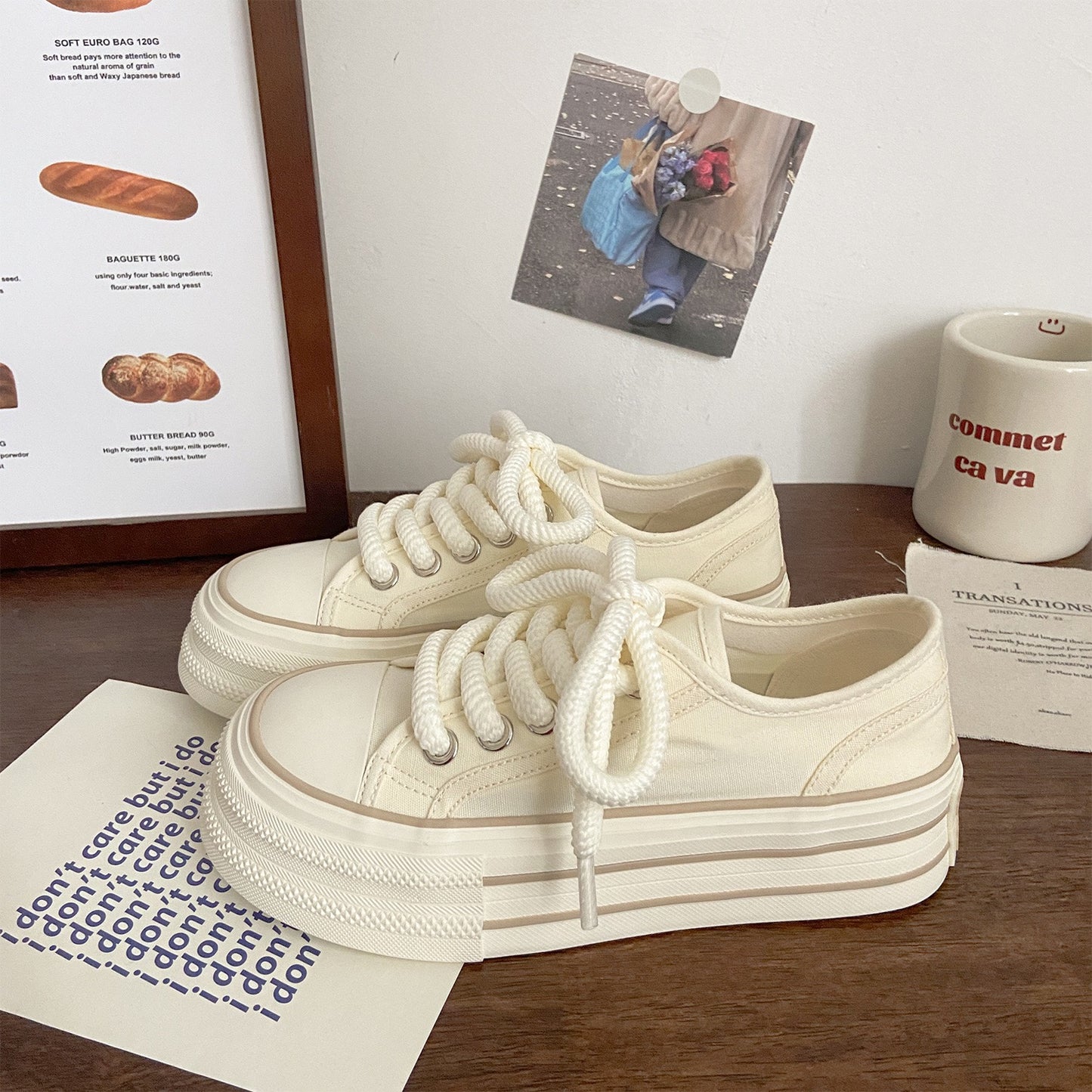 Cream thick-soled canvas shoes women's thin section spring and summer new ins trendy minority Korean version of big head sponge cake student white shoes
