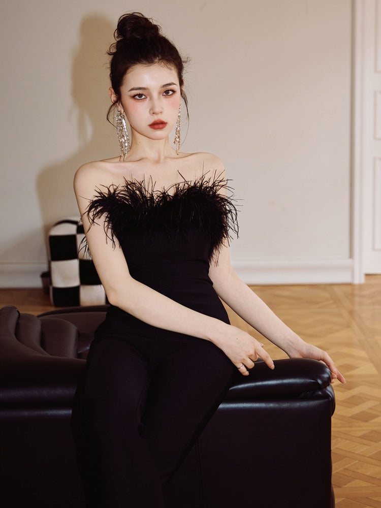 Black Swan 2.0 DOLLYTANG Duojia fluffy feather tube top jumpsuit showing leg length slightly booted trousers dress