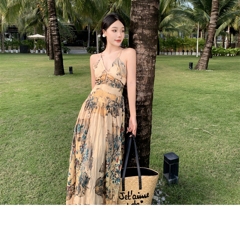 New Chinese style retro print suspender dress women's design sense folds backless thin seaside holiday inner skirt