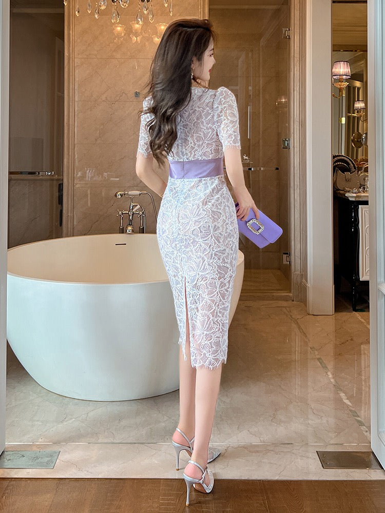 French hollow texture high-quality lace dress women's summer elegant slim-fit package hip dress skirt with rear slit