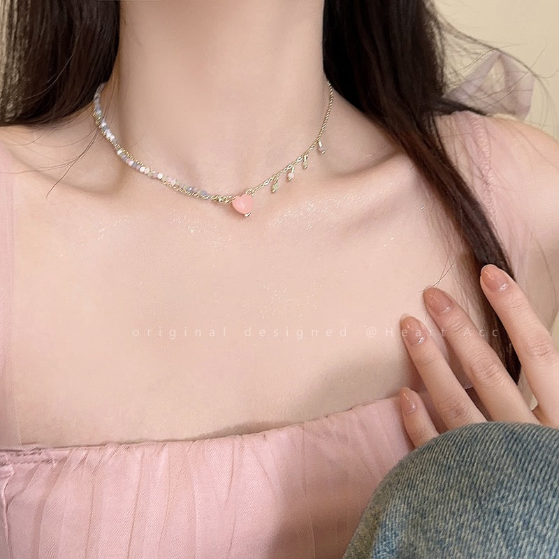 Double-layer Stitching Love Beaded Necklace Women's 2023 New Cold Wind Clavicle Chain Net Red Temperament Versatile Necklace
