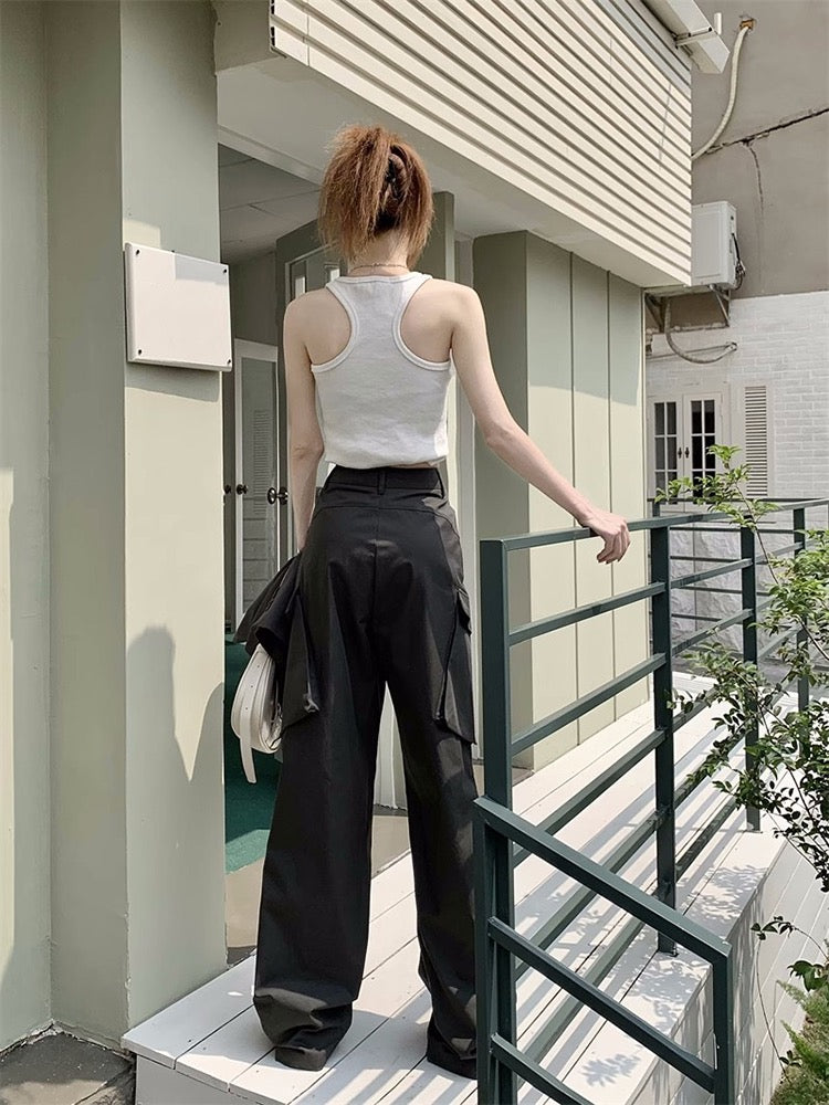 Gray overalls casual pants women's summer American ins tide loose all-match small tall waist wide-leg pants trousers