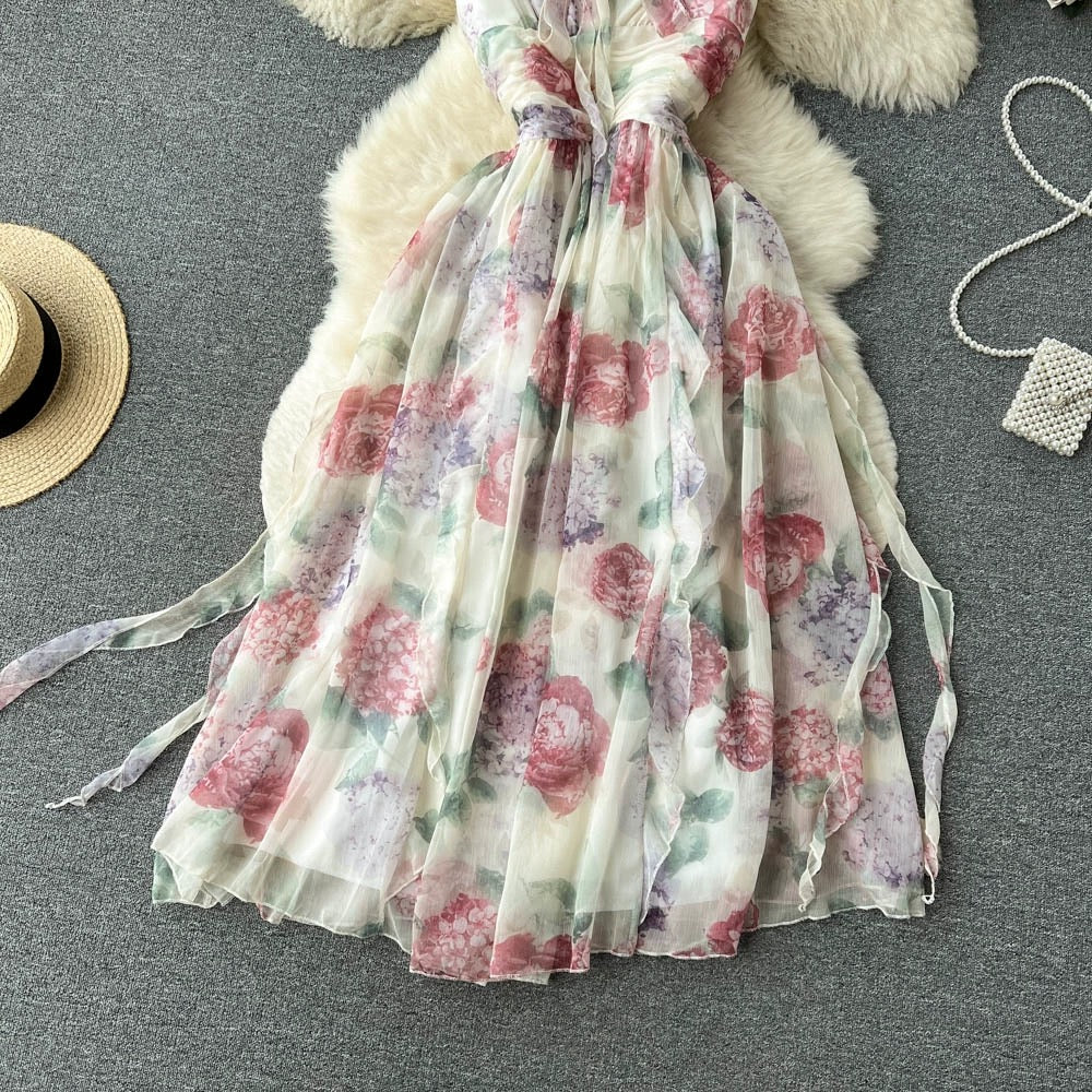 Campanulaceae French super fairy net gauze tie fairy skirt waist floral wooden ears suspenders V-neck dress female summer