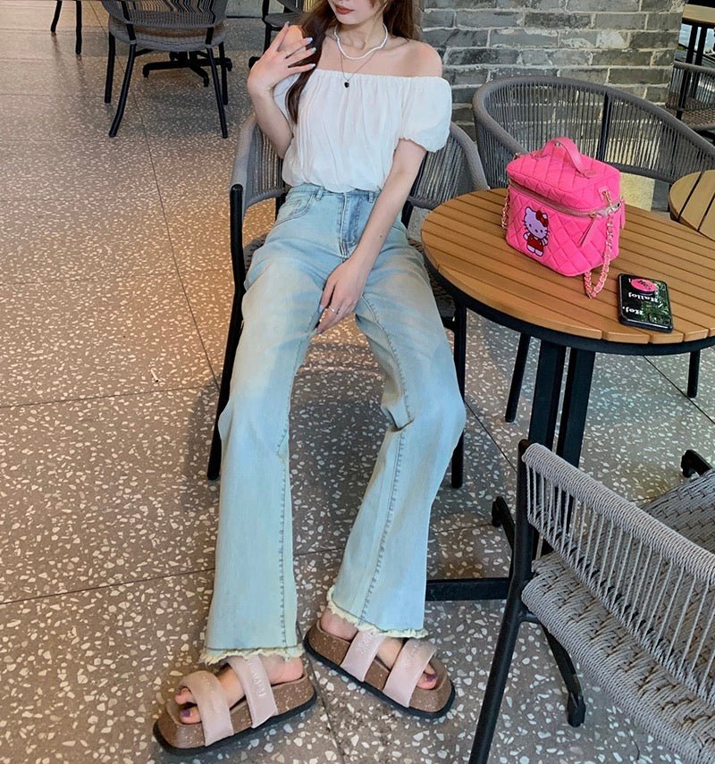 Kumikumi light blue raw-edge jeans women's summer high-waist straight-leg pants loose slim wide-leg pants long pants