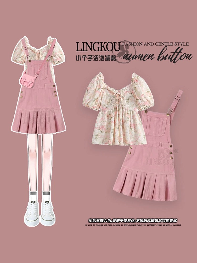 Small summer suit women's new gentle and beautiful milk fufu top denim suspender skirt slimming two-piece suit