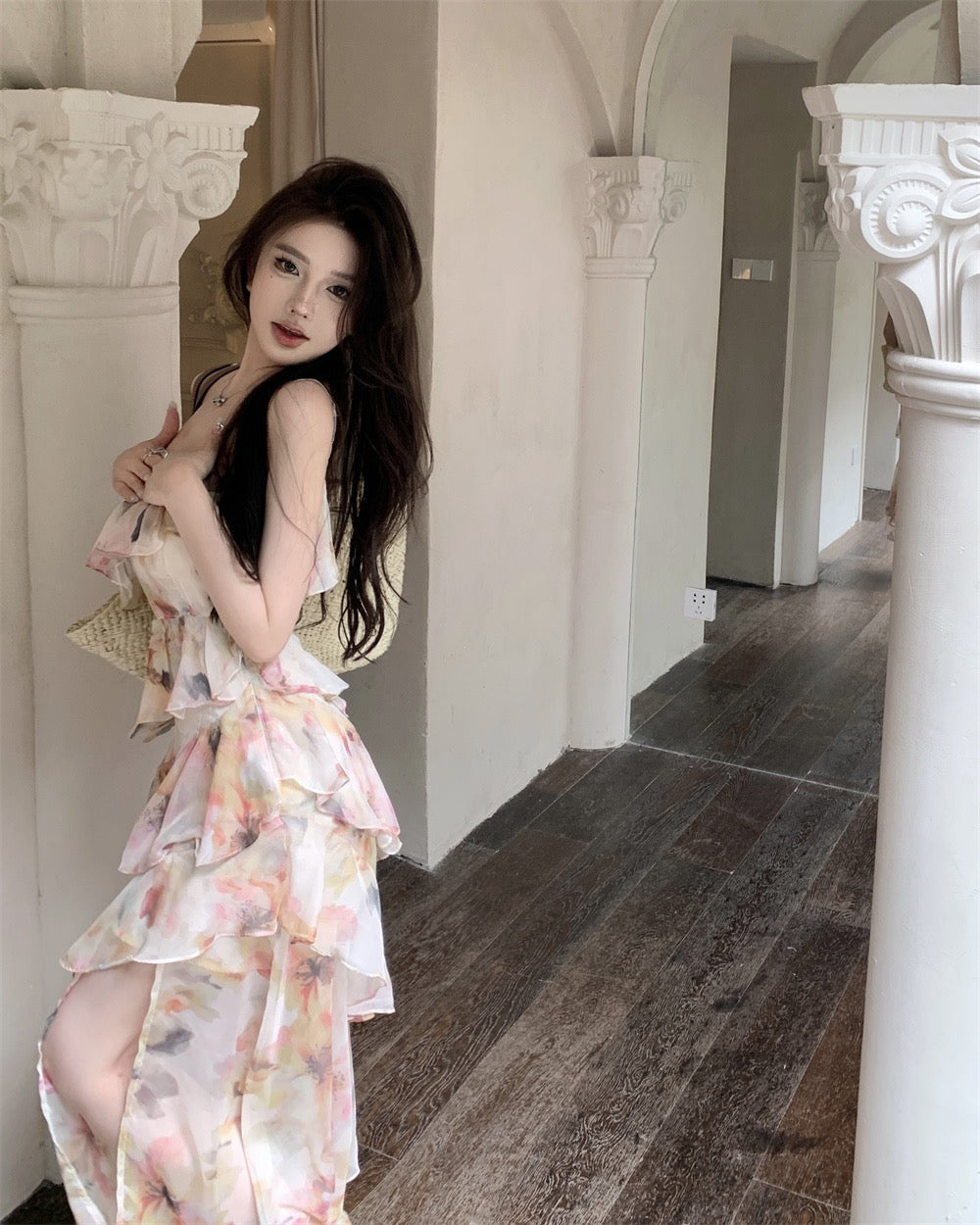 Pure desire wind floral chiffon suspender dress women's summer French skirt waist slit high-end temperament long skirt