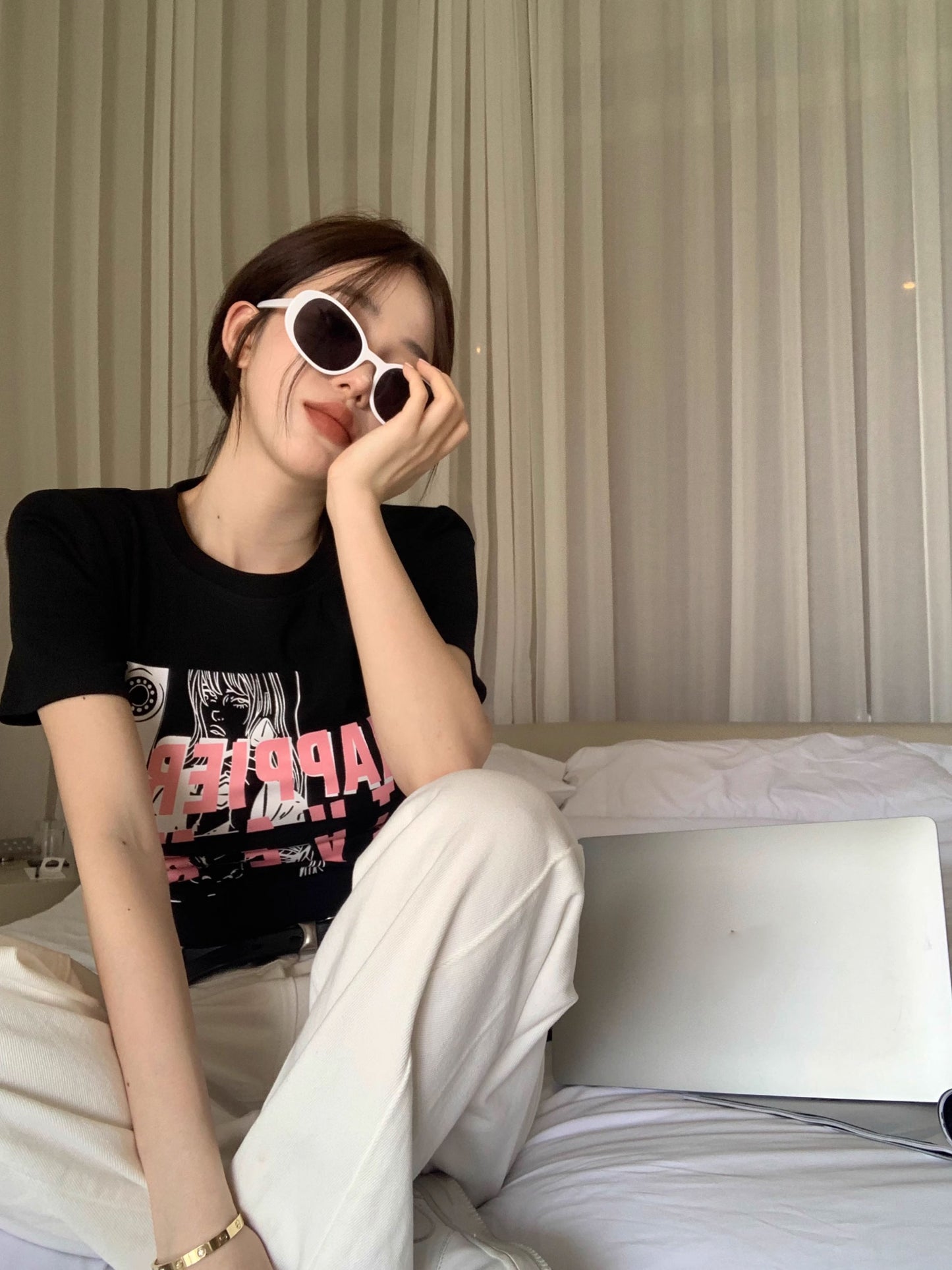 Kumikumi hot girl round neck short-sleeved letter print T-shirt women's spring Hong Kong flavor retro all-match short top tide