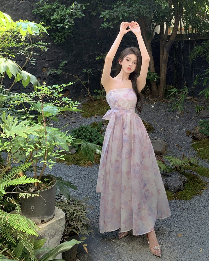 Printed tube top dress with open back and straps with one-shoulder waist and slim mid-length a-line skirt for women with summer temperament