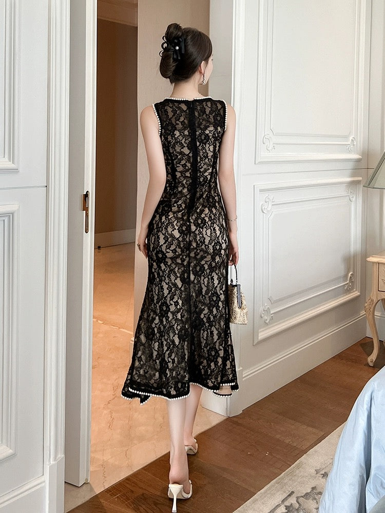 Design sense heavy industry dress temperament celebrity high-end goddess fan light luxury sleeveless beaded lace dress skirt new style