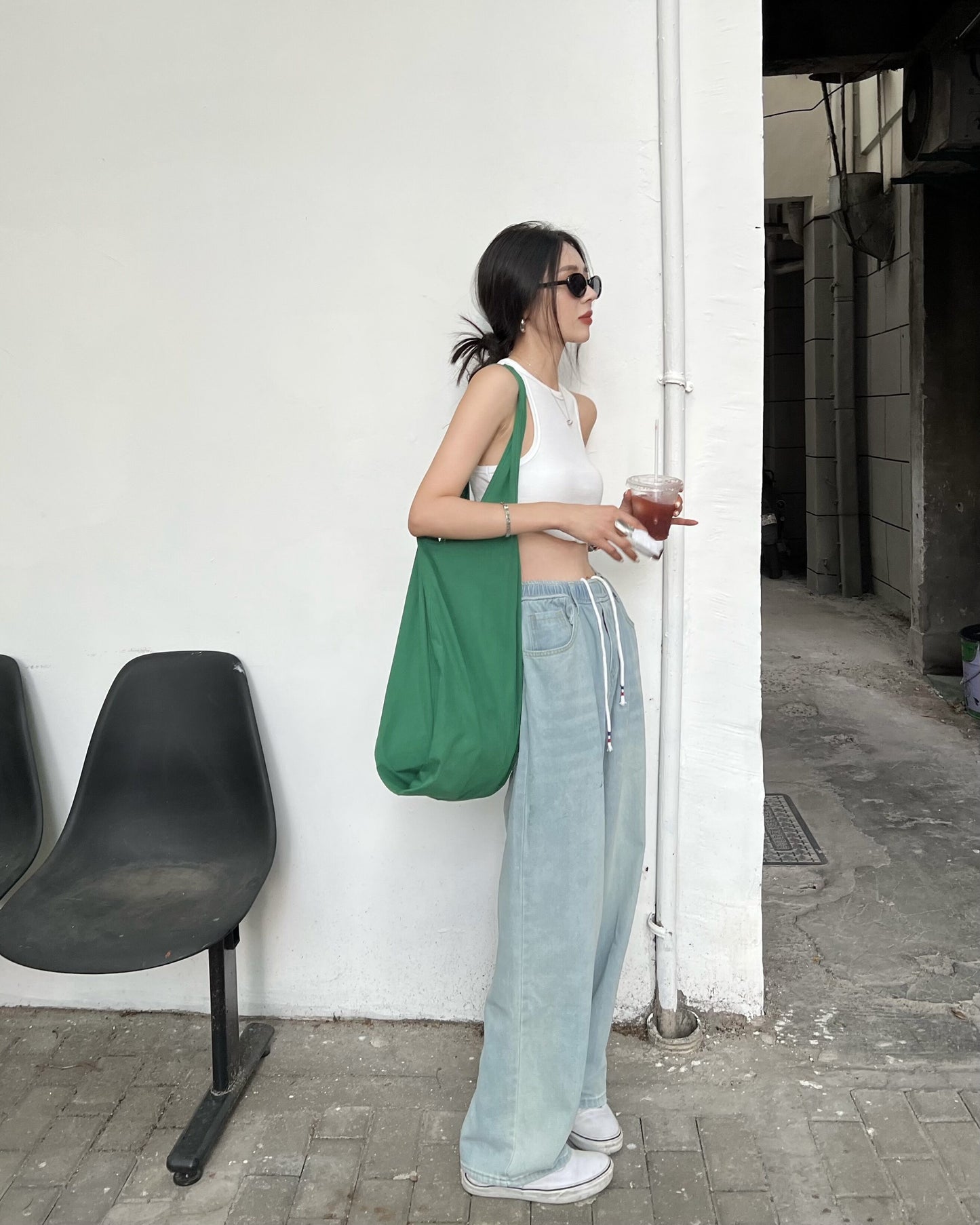 Kumikumi retro washed elastic waist jeans women's summer loose slim straight pants wide leg pants long pants