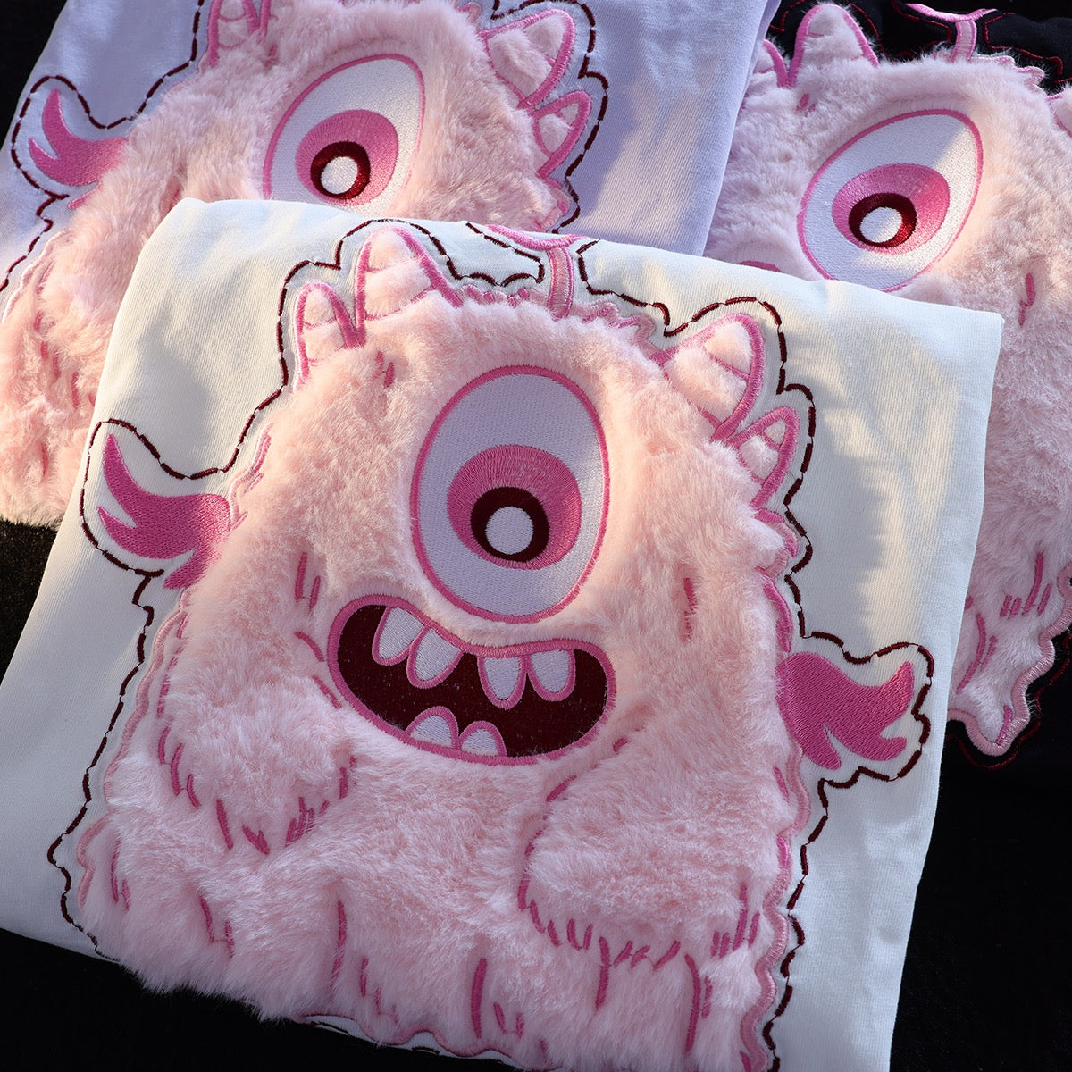 JWNEED pink little monster couple outfit T-shirt men and women summer cute niche plush 3D three-dimensional embroidery short sleeves