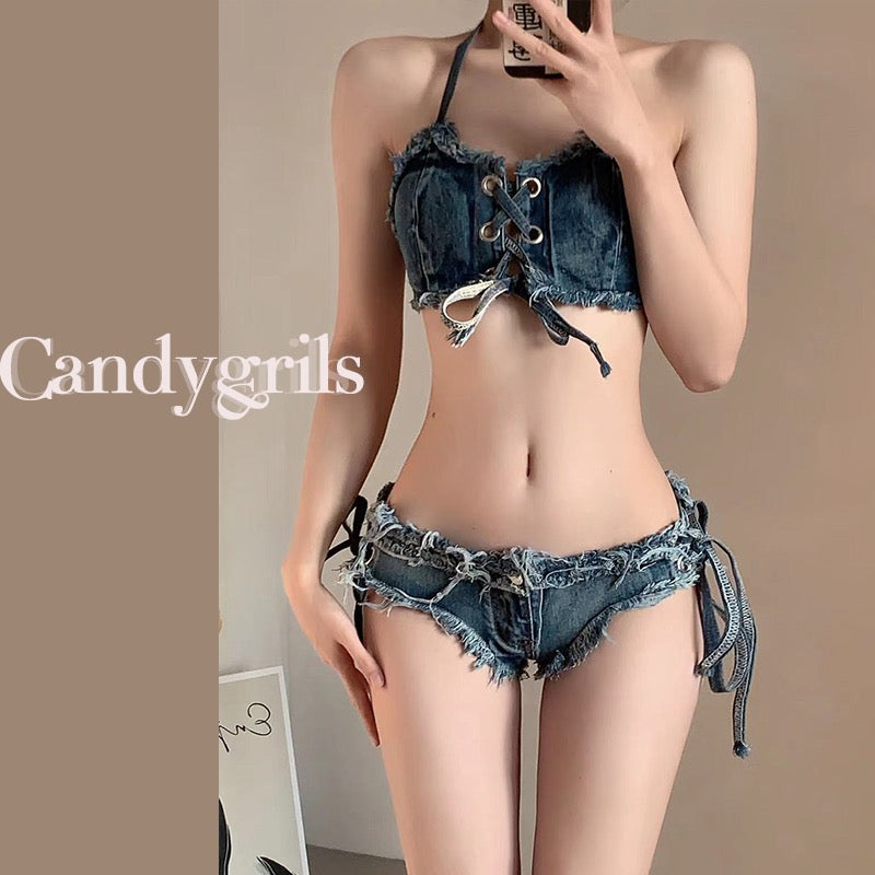 Candygirls European and American hot girls sexy denim bikini female beach vacation summer split swimsuit straps small chest