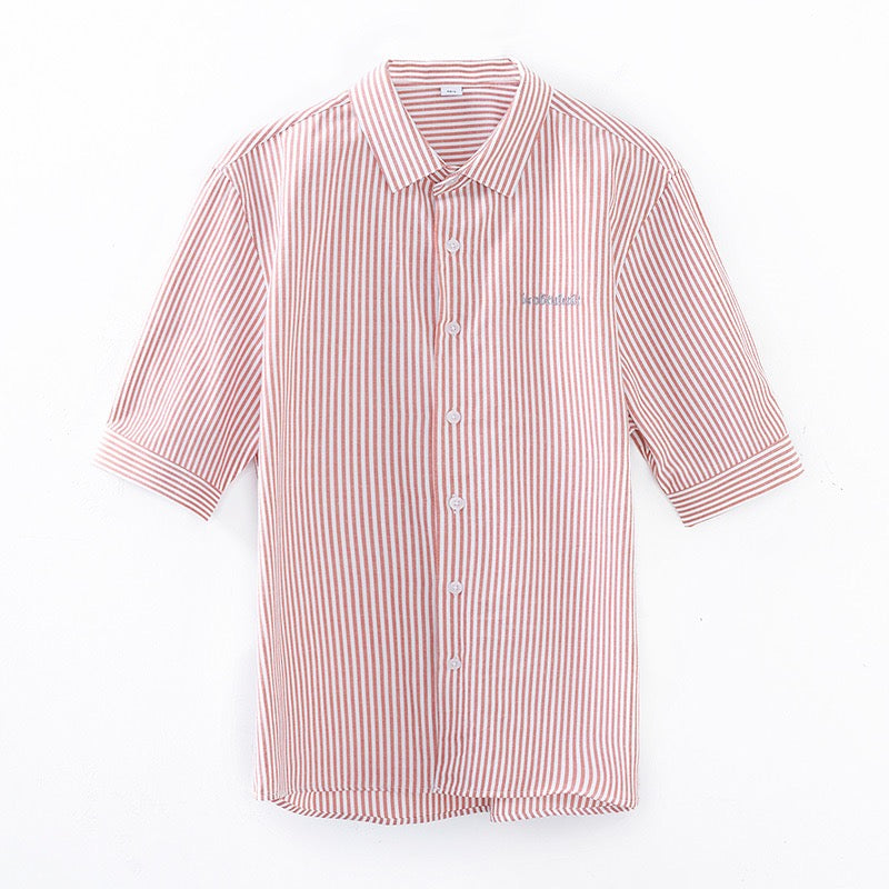 LUUD Original Light Luxury Casual Striped Shirt Trendy Men's Simple Versatile Lapel Inch Clothes Mid-Sleeve Embroidered Shirt Summer
