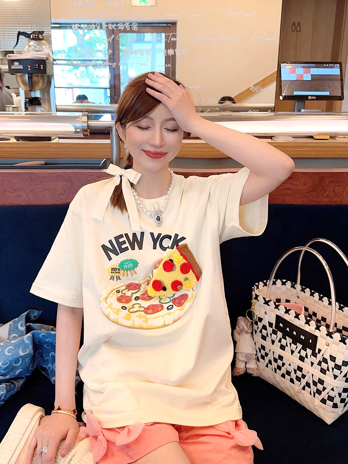 Thebestxue2023 summer new Korean version loose beige pizza pattern crochet short-sleeved t-shirt women's tide