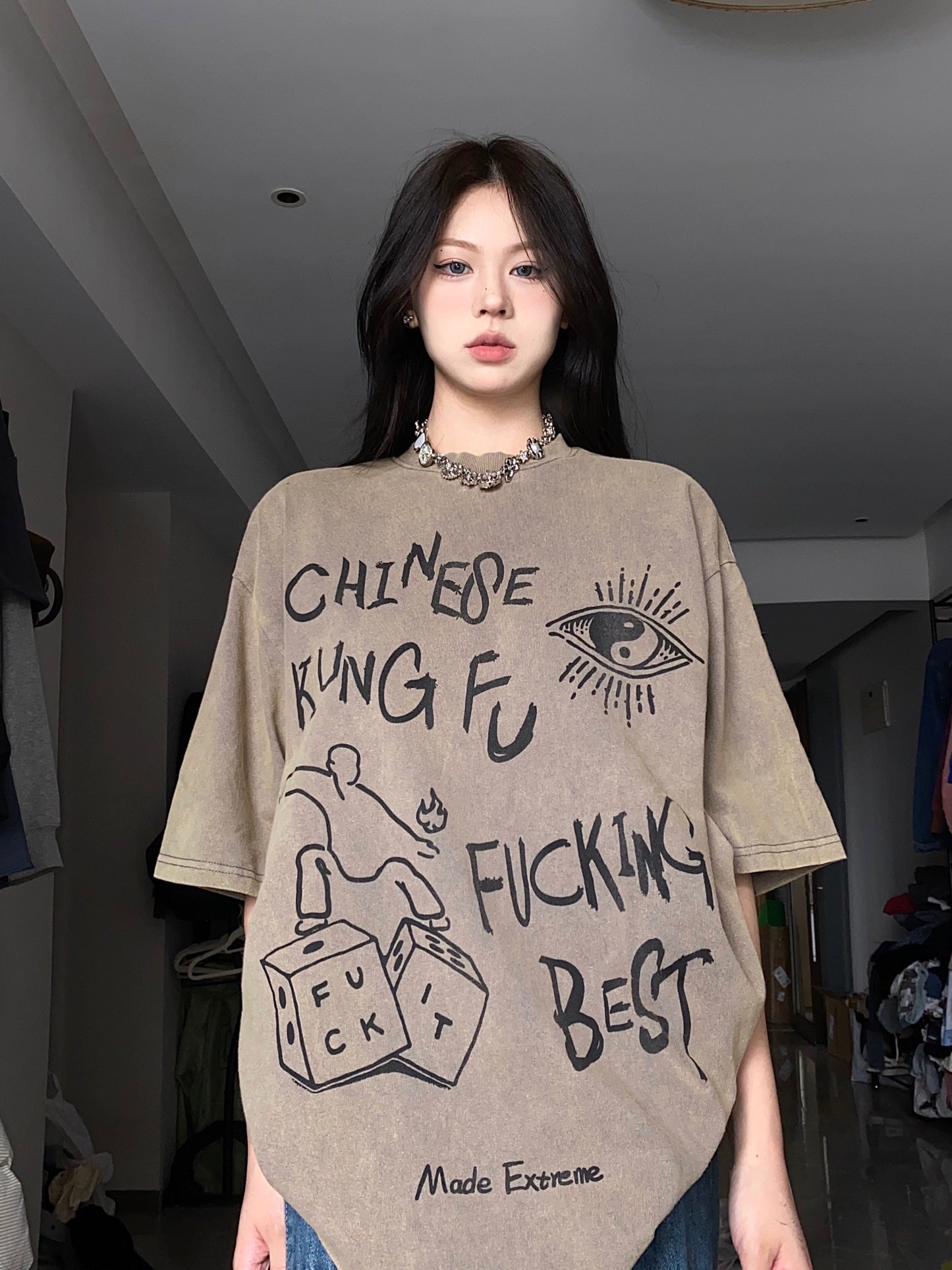 BabyStudios street graffiti round neck cotton short-sleeved men's and women's American style loose design sense t-shirt 2023 summer