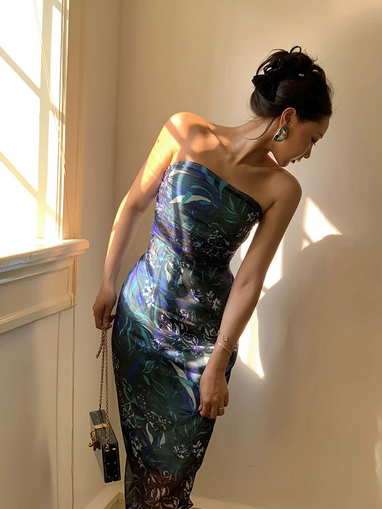 Xiaoli One Tail Blue Sparrow Floral Suspenders Hip Dress 2023 Summer French Spice Girls Sexy Slim Chic Dress