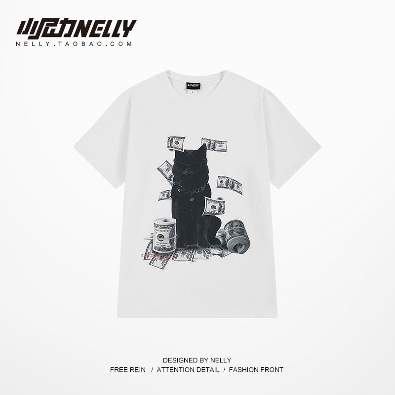 ins original trendy brand US gold Persian cat print T 侐 men and women with the same style hip-hop trend all-match pure cotton short pomelo bf style