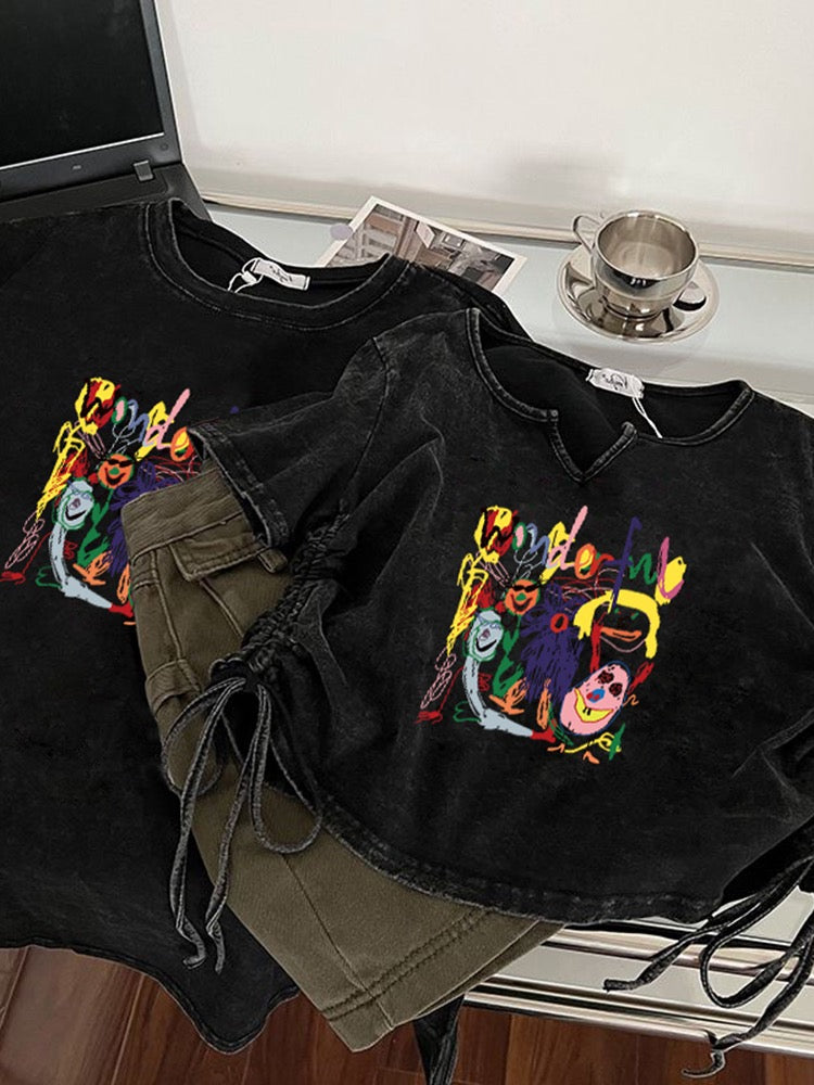 American-style old-fashioned short-sleeved t-shirt women's summer loose and thin T-shirt short drawstring hot girl tops sisters girlfriends