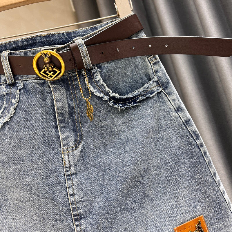 Stitching mesh denim skirt women's mid-length summer new sweet all-match slimming high waist a-line bag hip skirt
