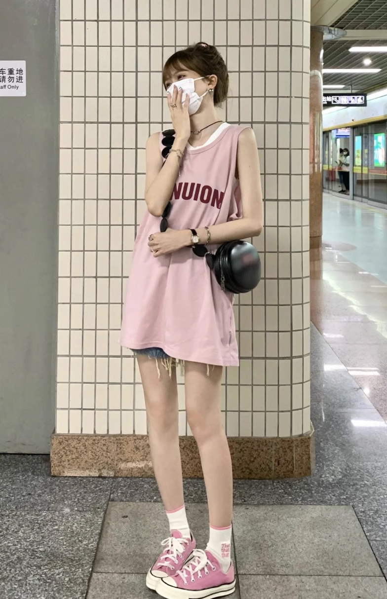 Pink little man vest sleeveless t-shirt female summer new American style retro sweet hot girl loose ins vest top