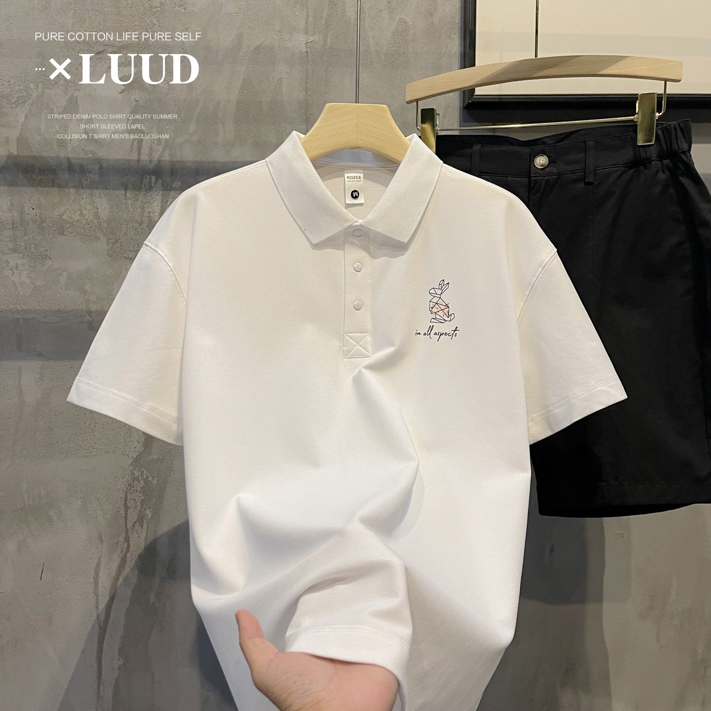 LUUD Back Floral Pattern Printing Fashion Loose Polo Shirt Men's Korean Style Trend Lapel Short Sleeve Polo