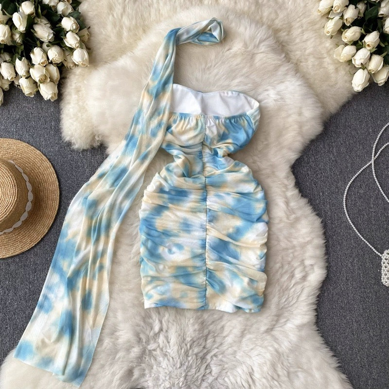 Pure Desire Sexy Short Skirt Women's Halter Neck Ribbon Tie-Dye Printing Folds Waist Slim Thin Temperament Package Hips Tube Top Dress