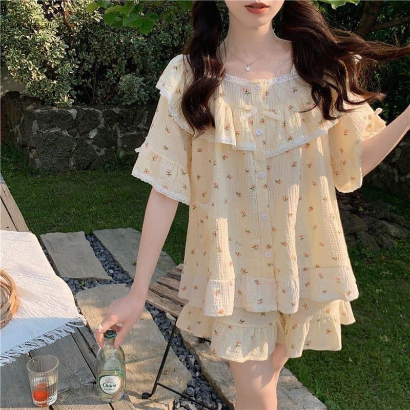Ins wind nightdress double yarn floral cotton pajamas women's summer 2023 new home service short-sleeved suit summer