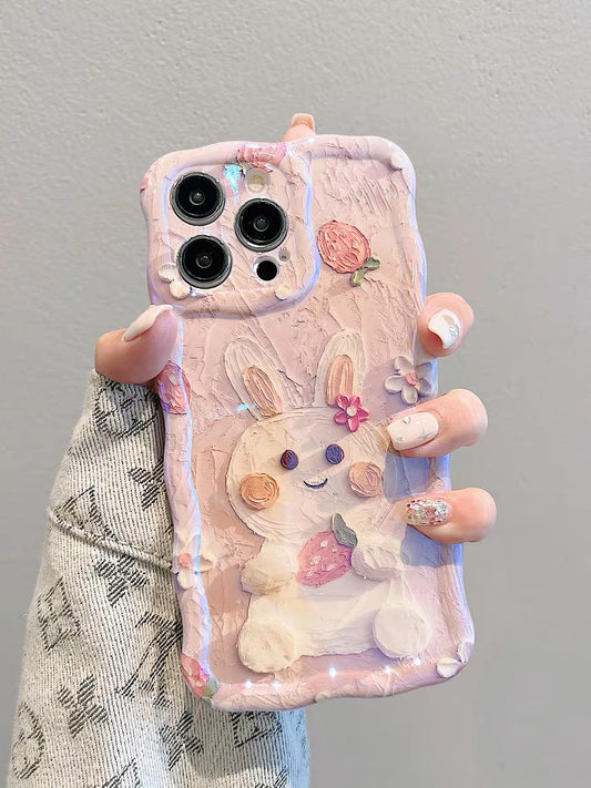 Suitable for Apple 14promax mobile phone case iphone13 oil painting strawberry rabbit 12pro new Blu-ray 11 mobile phone case female models 13promax cute cartoon 13pm silicone all-inclusive drop-proof